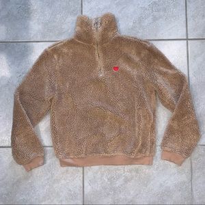Topshop Teddy Bear Tan Fleece Half Zip Cropped Sweater US Size 4